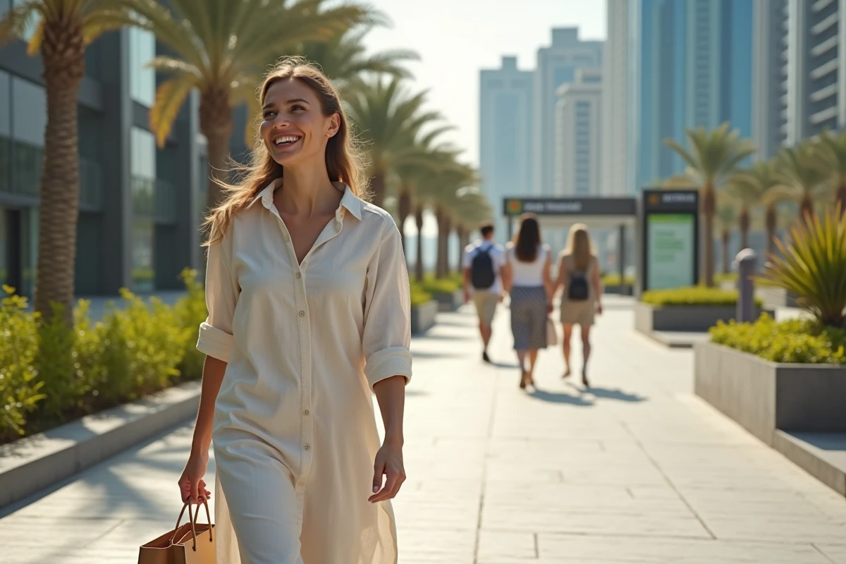 Femme souriante en promenade à Dubai avec Almas Tower