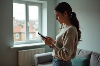Femme utilisant son smartphone pour signaler un problème dans son appartement