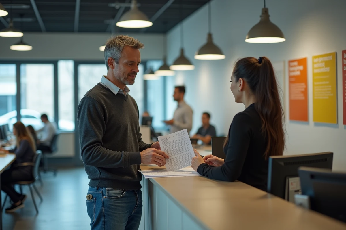 Homme remettant un dossier à la reception dans un bureau