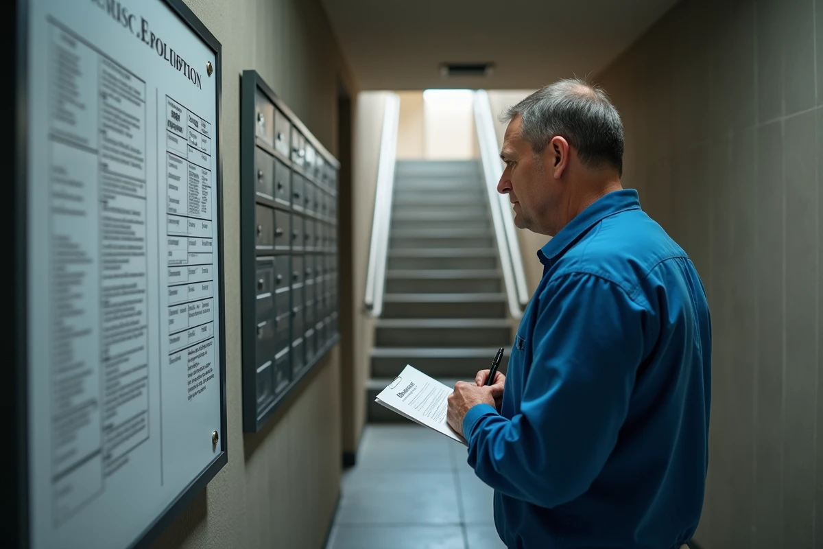 Homme remplissant un formulaire de maintenance dans le hall d