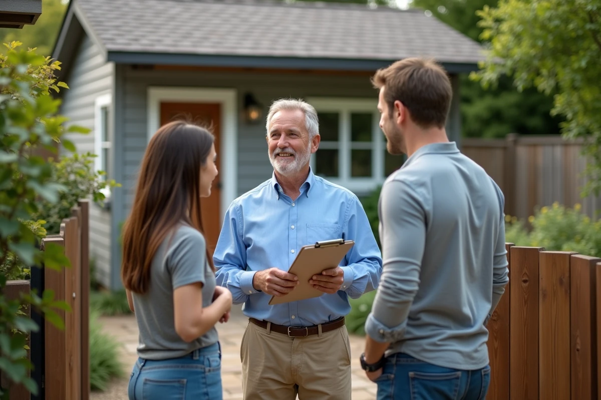 Homme discutant avec un couple devant une maison de location