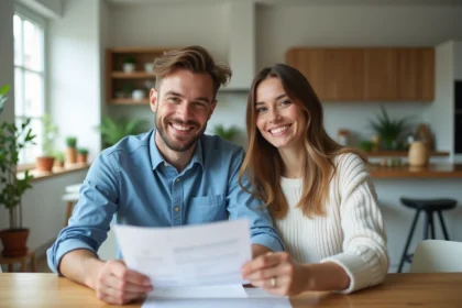 Jeune couple souriant examinant documents immobiliers dans un appartement rénové