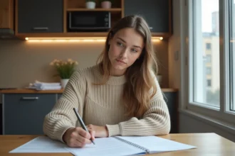 Jeune femme remplissant un formulaire de logement dans un appartement moderne