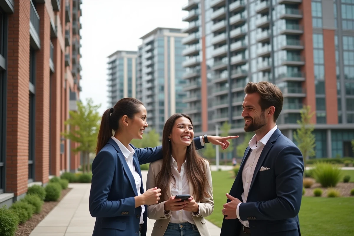 Jeunes professionnels discutant devant un immeuble neuf