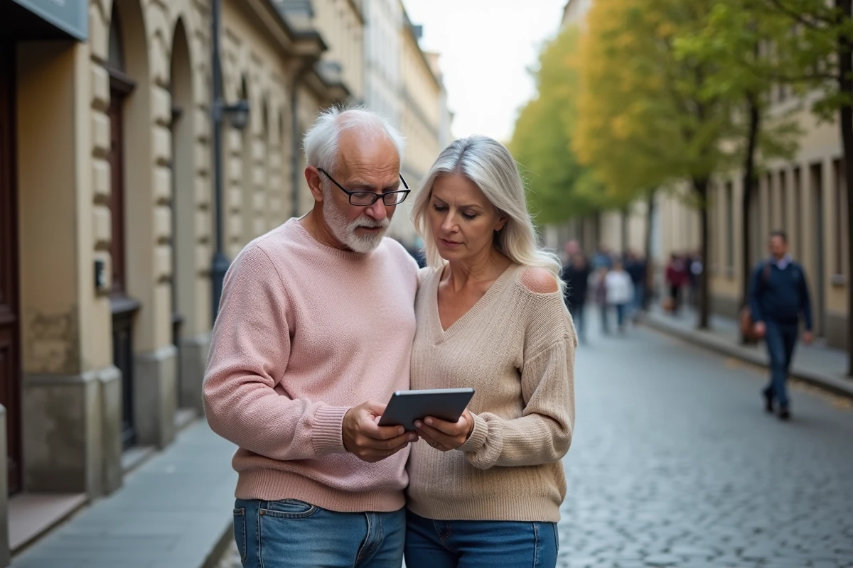 Couple à Lyon regarde une annonce de location sur tablette
