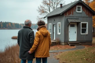 Couple regardant une maison au bord du lac avec peinture écaillée