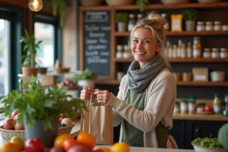 Femme commerçante souriante derrière le comptoir d'une épicerie locale