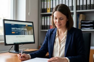 Femme confiante au bureau vérifiant des documents