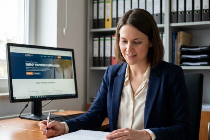 Femme confiante au bureau vérifiant des documents