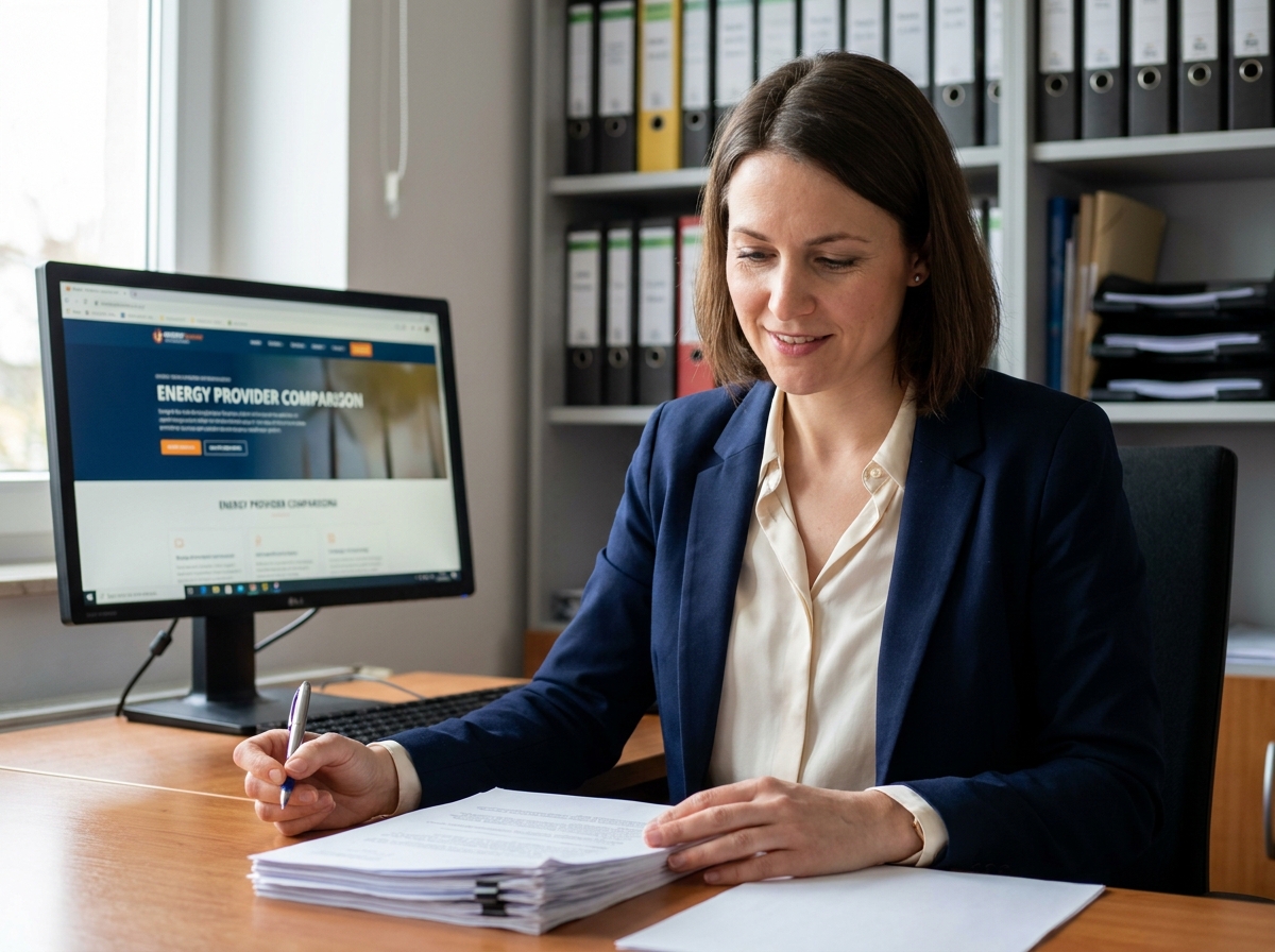 Femme confiante au bureau vérifiant des documents