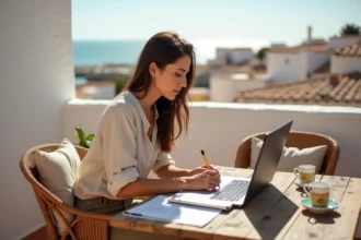 Femme française sur une terrasse à Essaouira en train de remplir des documents