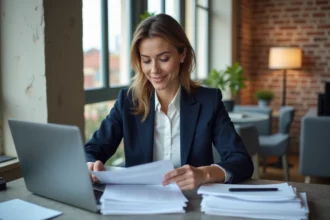 Femme professionnelle à Lyon examine documents de location