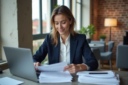 Femme professionnelle à Lyon examine documents de location