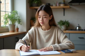 Jeune femme signant un document avec passeport et dossier