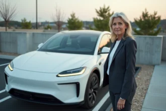 Femme d'affaires examine un espace de stationnement pour voiture électrique