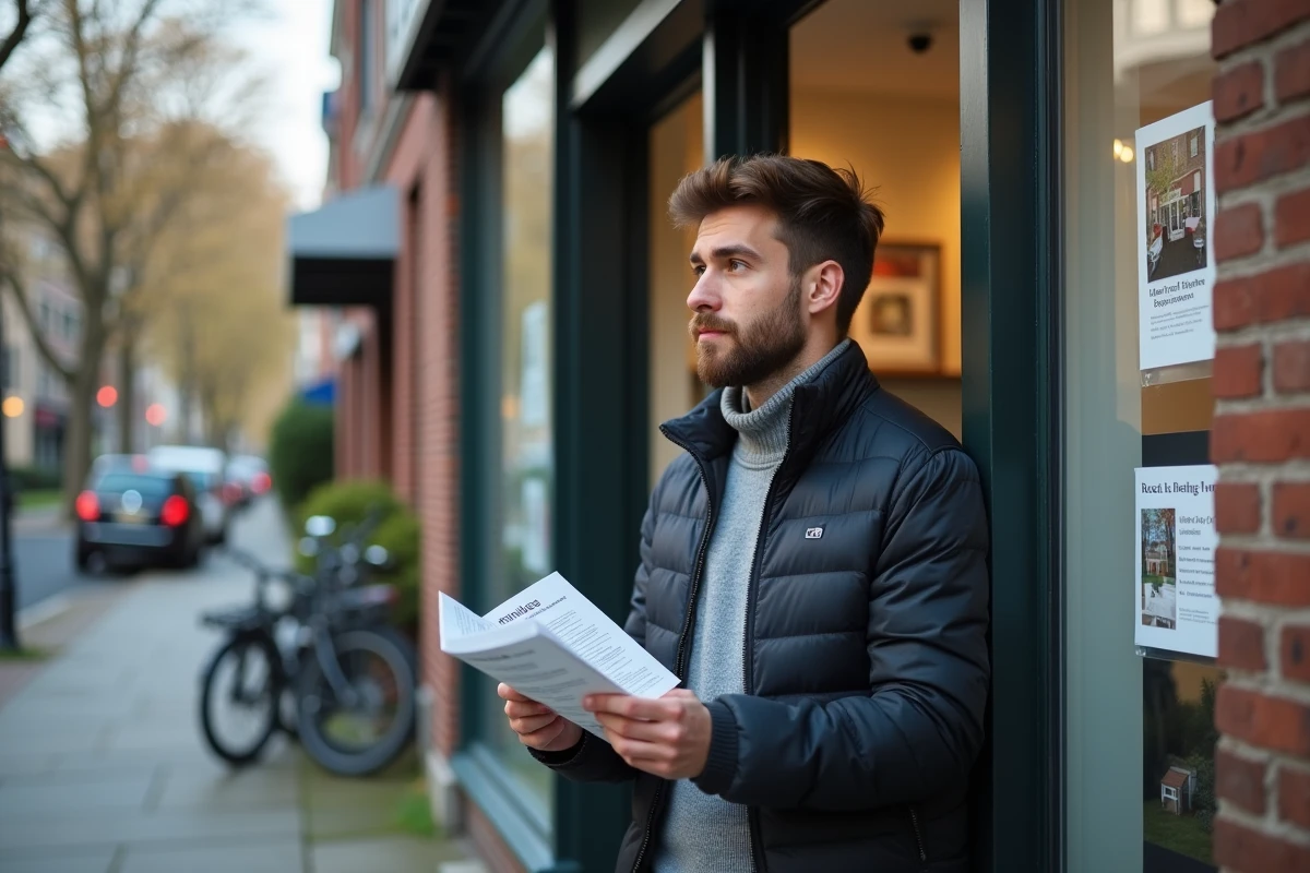 Jeune homme regardant une annonce immobiliere dans la rue