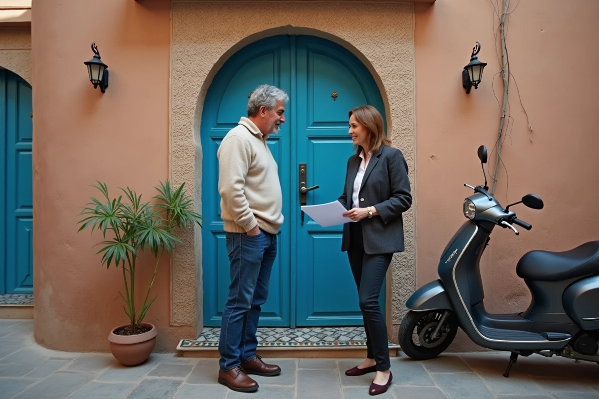 Homme français discutant avec un agent immobilier dans la medina d