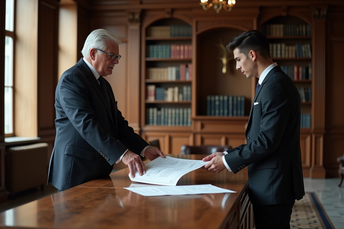 Homme en costume présente des documents de valeur immobilière au notaire