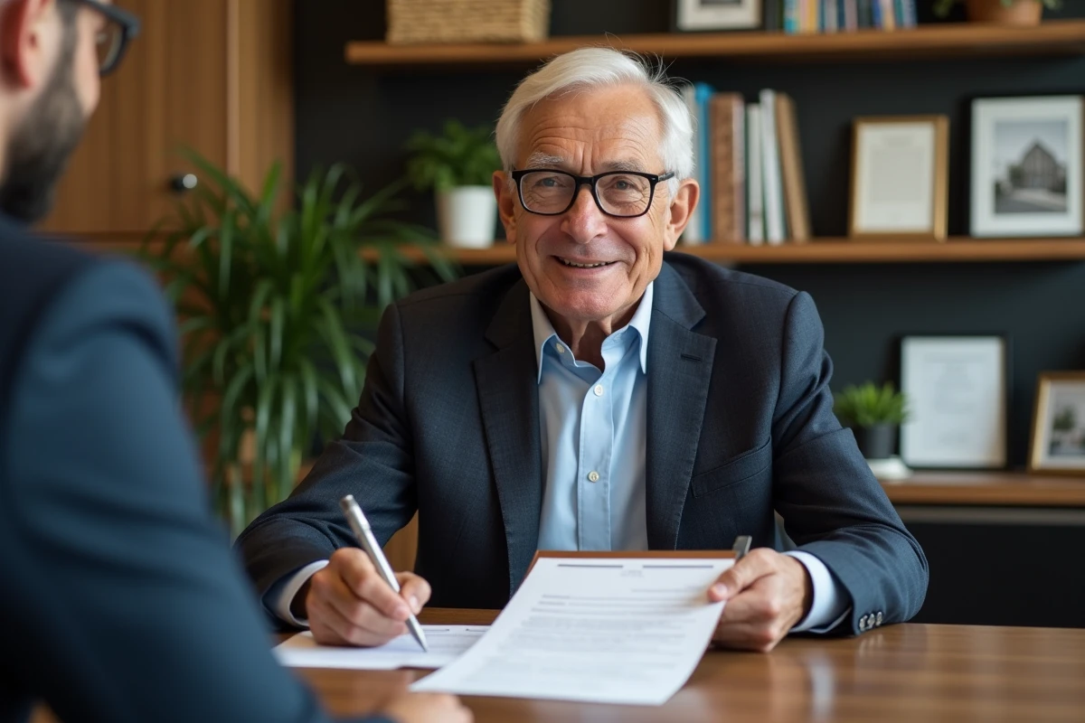 Homme d age signant un contrat immobilier au bureau