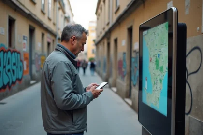 Homme d'âge moyen utilisant un smartphone devant un kiosque à Nice