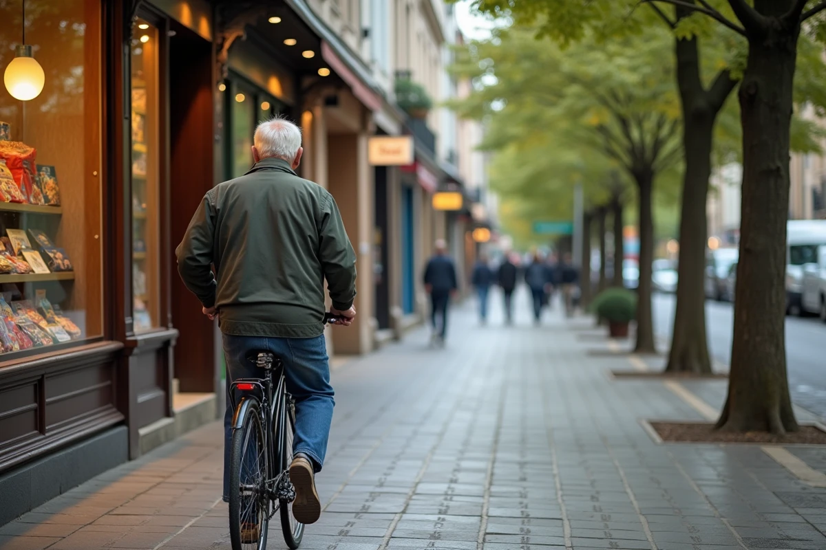 Homme âgé poussant un vélo dans une rue commerçante de Malemort