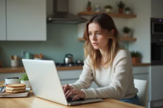 Jeune femme lisant un contrat de location sur son ordinateur