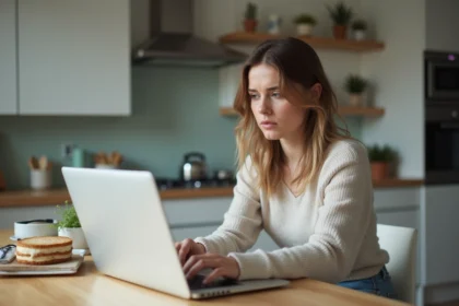 Jeune femme lisant un contrat de location sur son ordinateur