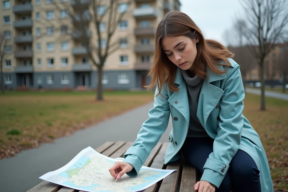 Jeune femme pointant une carte dans un parc public