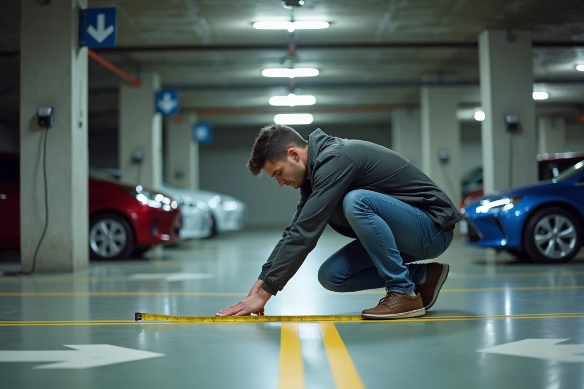 Jeune homme mesure la largeur entre deux voitures électriques en parking intérieur