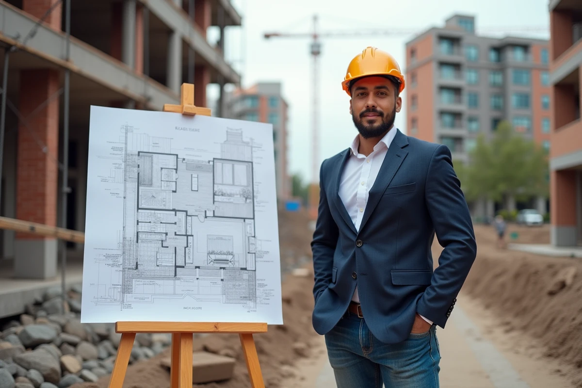 Agent immobilier sur un chantier avec plans et casque de sécurité