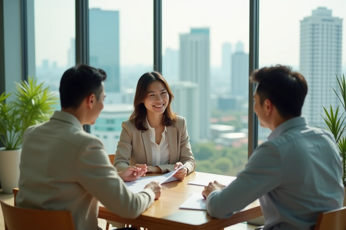 Agent immobilière thaïlandaise présentant des documents de vente à un couple d'acheteurs étrangers dans un bureau moderne de Bangkok
