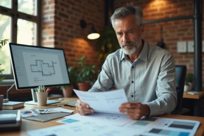 Propriétaire comparant des devis de rénovation sur son bureau avec des plans et échantillons de matériaux