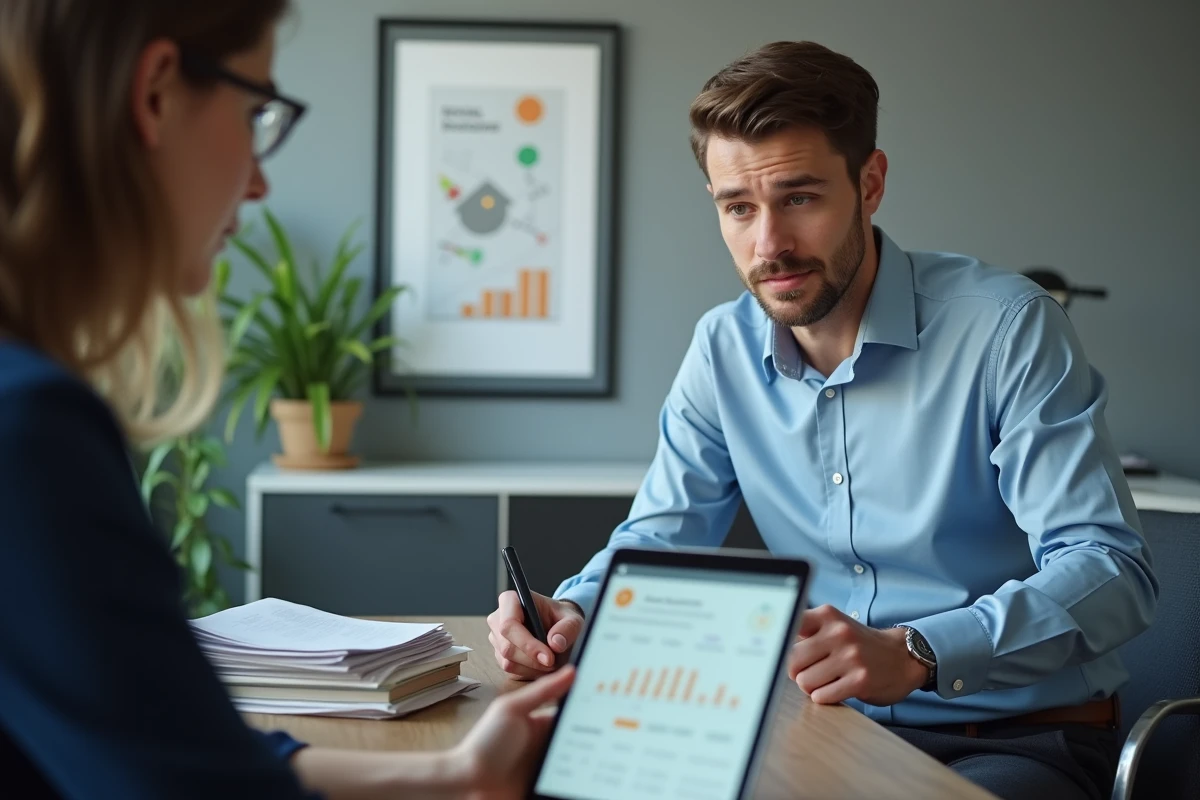 Conseiller en logement social expliquant le fonctionnement de la plateforme AL'in à un salarié en agence