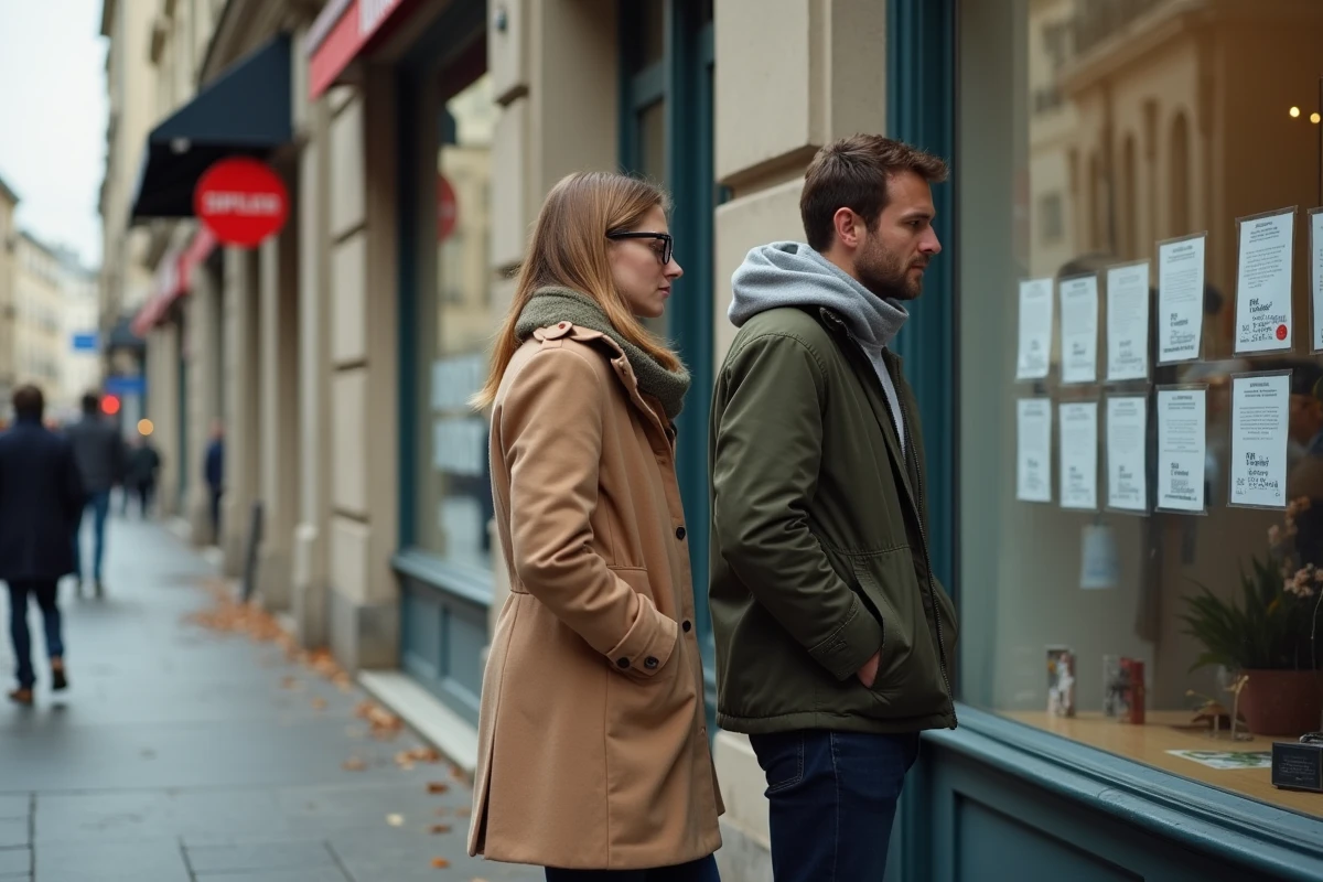 Couple devant une agence immobilière consultant des annonces de location sans offre disponible