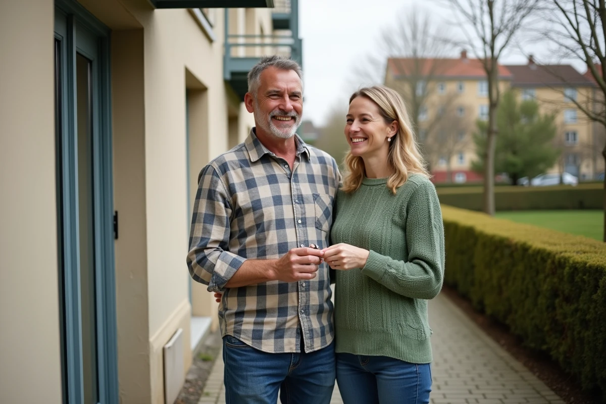 Couple de salariés devant leur nouveau logement social obtenu grâce à AL'in, tenant leurs clés