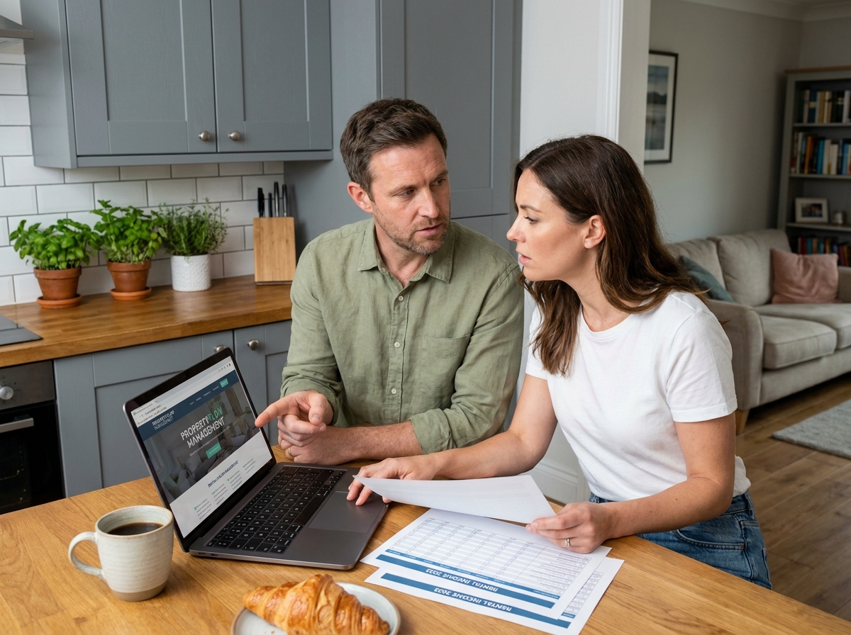 Couple d'investisseurs immobiliers analysant ensemble leurs revenus locatifs sur ordinateur portable dans leur cuisine