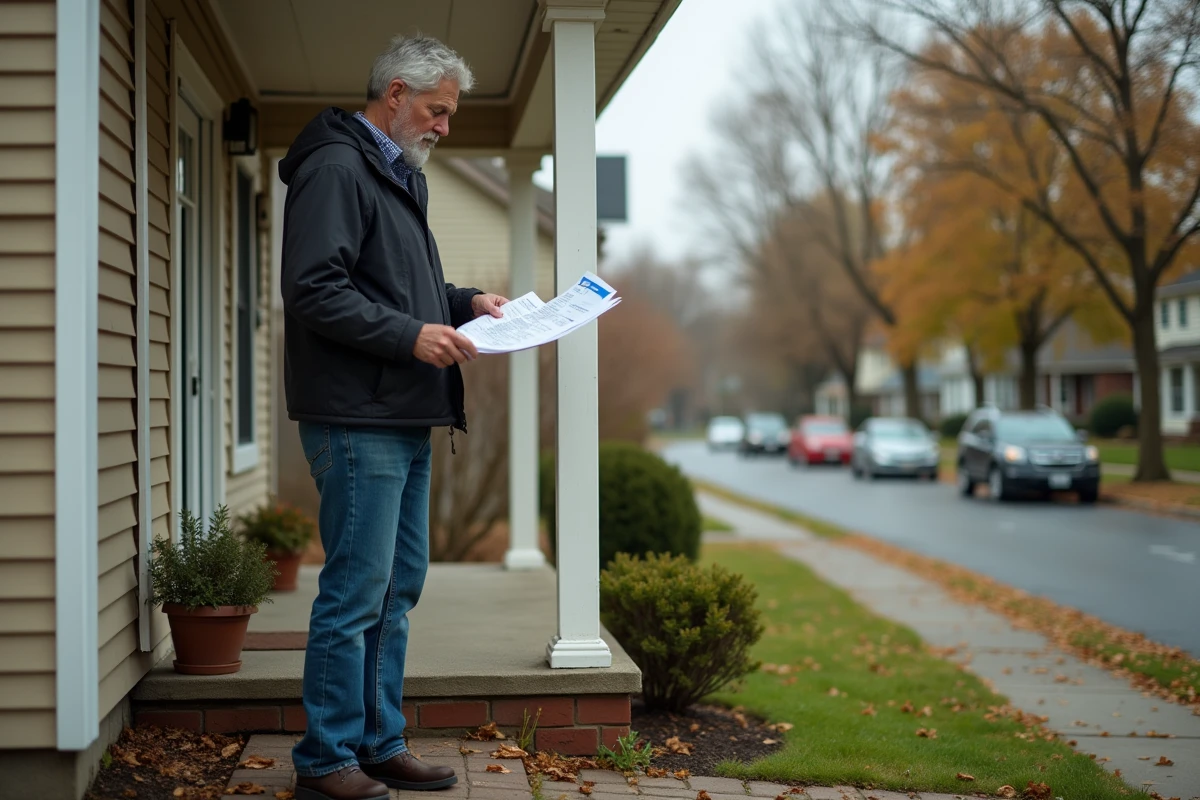 Homme examinant des documents d'estimation immobilière devant la maison familiale à vendre