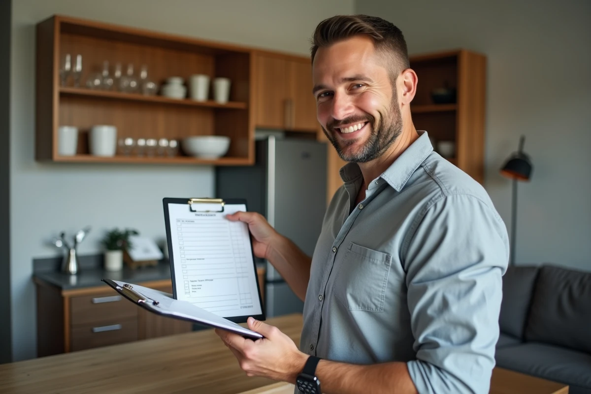 Agent immobilier réalisant un état des lieux avec checklist de mobilier dans un appartement meublé