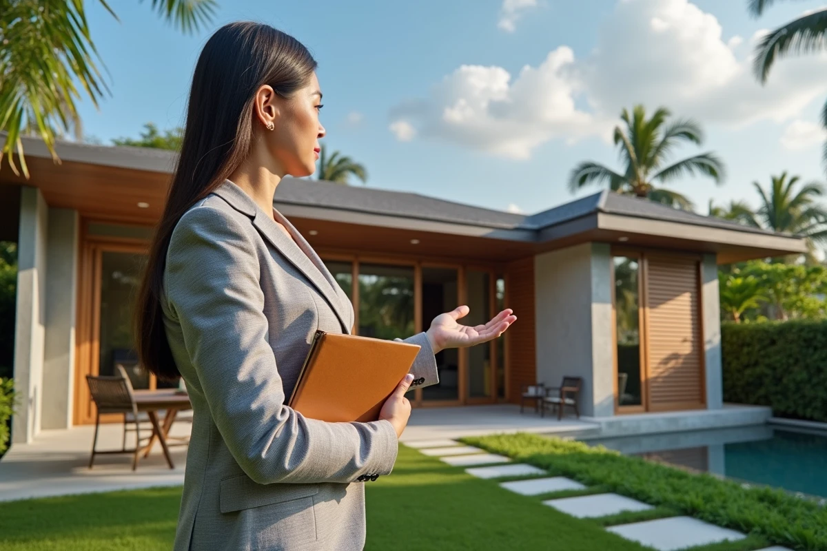 Une agente immobilière professionnelle présente une villa à vendre à Koh Samui à des acheteurs étrangers, soulignant l'importance de l'expertise immobilière