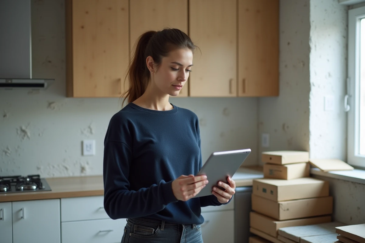 Femme consultant une application de comparaison de scénarios de travaux dans une cuisine en cours de rénovation