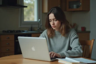 Femme inquiète devant son ordinateur cherchant une offre de logement AL ni sans résultat