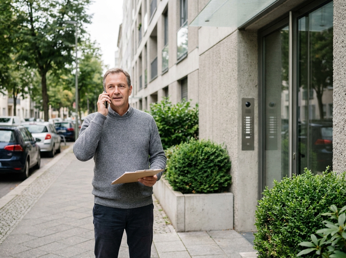 Gestionnaire immobilier devant un immeuble locatif urbain consultant son dossier et téléphone pour la gestion des biens