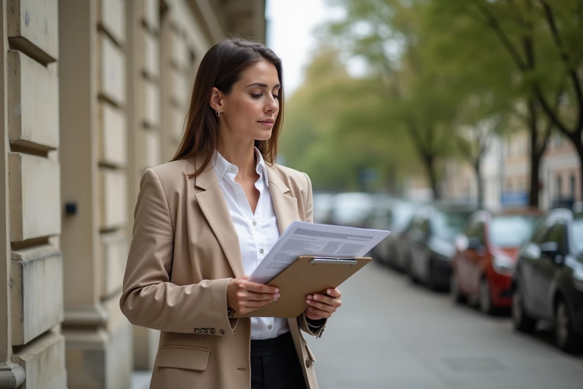 Investisseur immobilier occasionnel devant un immeuble résidentiel avec documents de vente