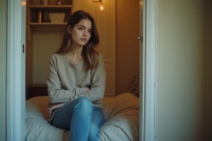 Jeune femme dans une petite chambre modeste et lumineuse
