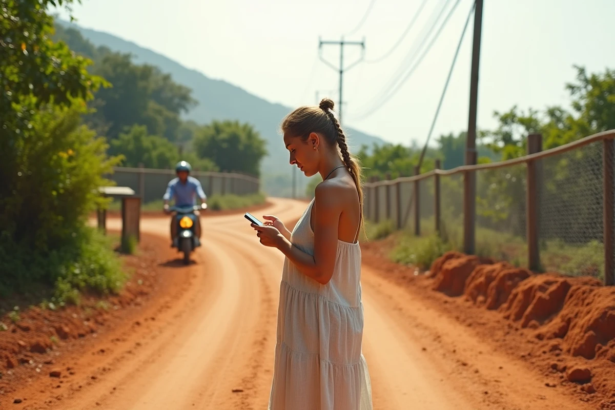 Une acheteuse étrangère isolée sur une route non goudronnée de Koh Samui vérifie l'accessibilité d'une propriété reculée sur son téléphone