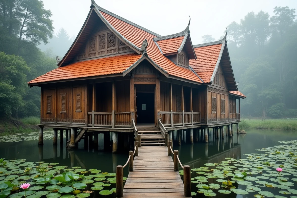 Maison traditionnelle thaïlandaise en teck sur pilotis au bord d'un canal rural à Chiang Rai, patrimoine architectural à vendre