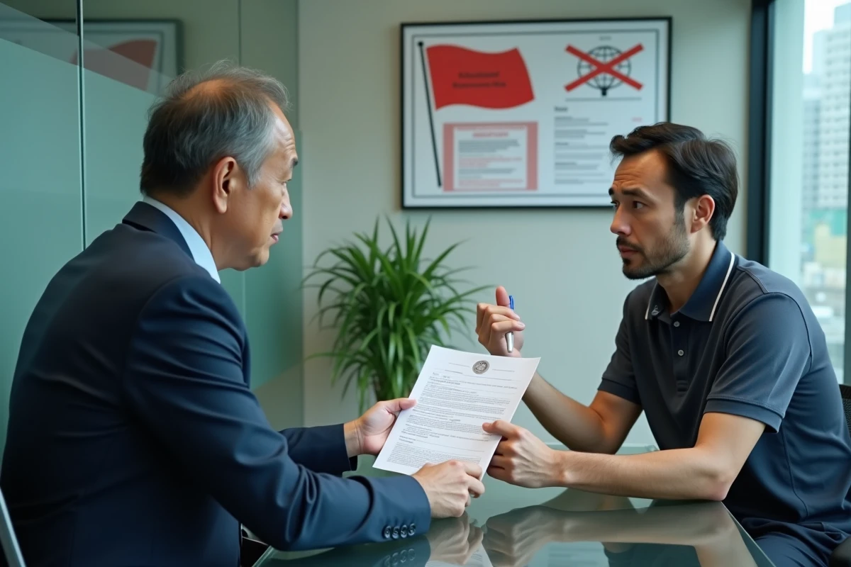 Un homme d'affaires thaïlandais présente des documents de société fictive à un acheteur étranger méfiant, illustrant les montages frauduleux immobiliers