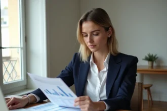 Femme analysant des documents sur le plafond de ressources loi Pinel à son bureau dans un appartement moderne