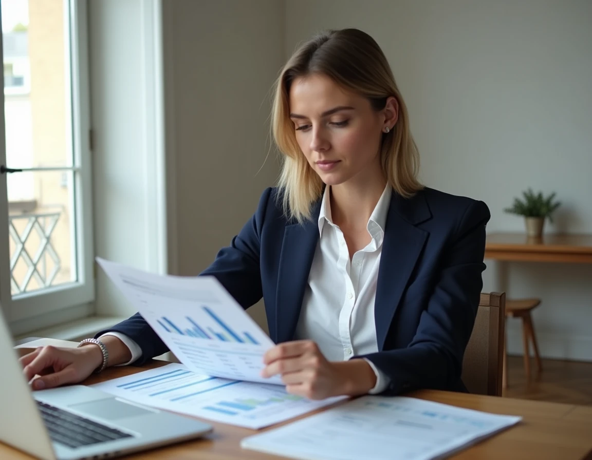 Femme analysant des documents sur le plafond de ressources loi Pinel à son bureau dans un appartement moderne