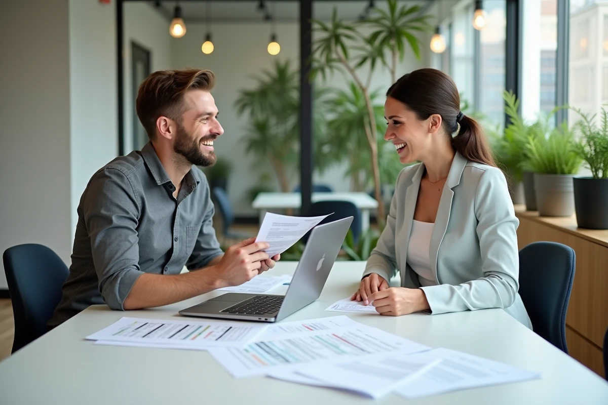 Deux professionnels analysant des devis et scénarios de rénovation ensemble sur un espace de travail collaboratif